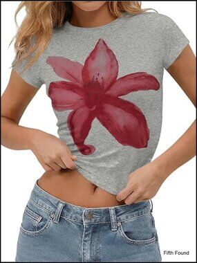 Floral Vintage Y2K Slim Fit Cropped Tee Recycled Cotton Summer Top